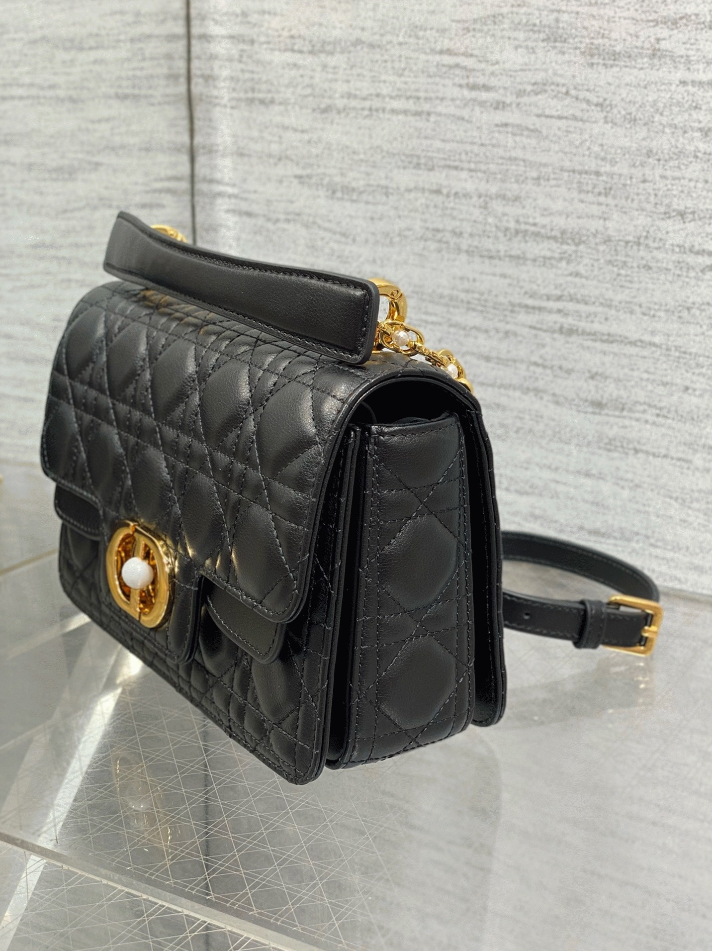 D10r Small Jolie Top Handle Bag Fake in Black Cannage Calfskin