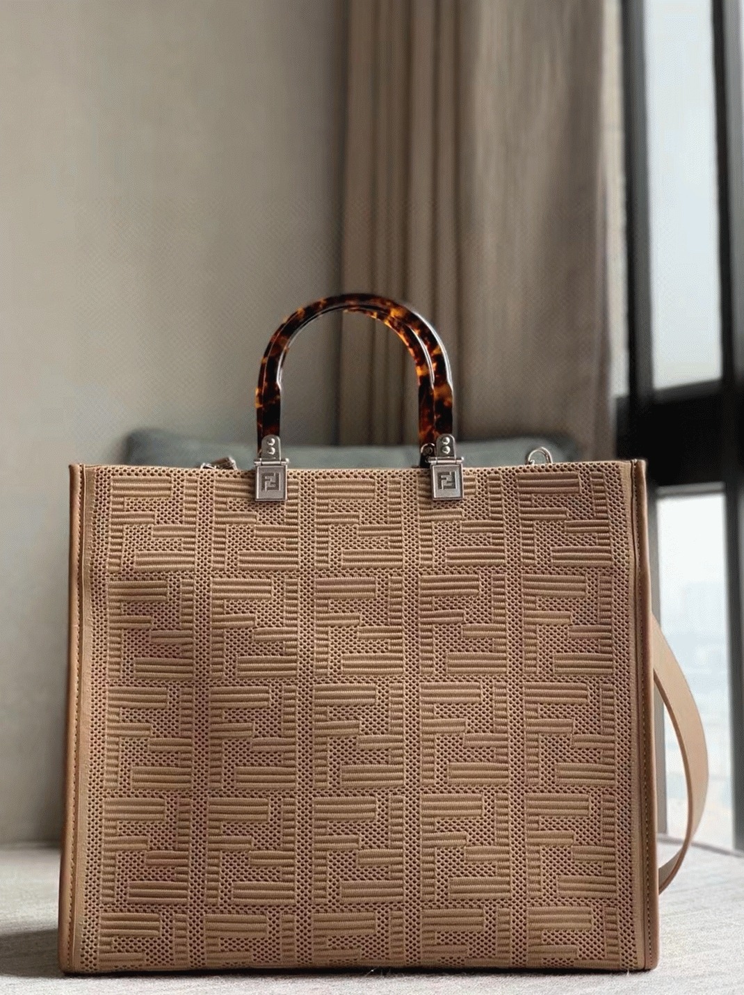 Top Quality Knockoff F**di Sunshine Medium Tote Bag In Beige FF Fabric