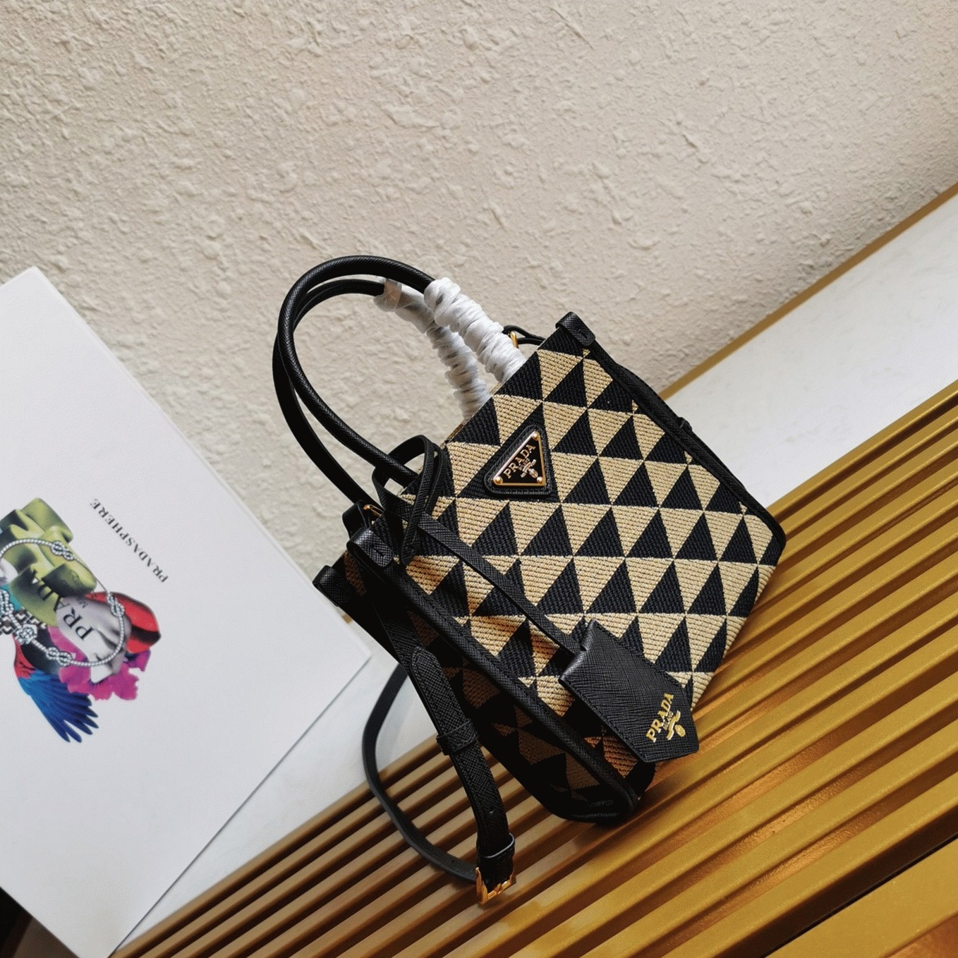 Pra*a Symbole Micro Bag Fake in Black/Beige Jacquard Fabric