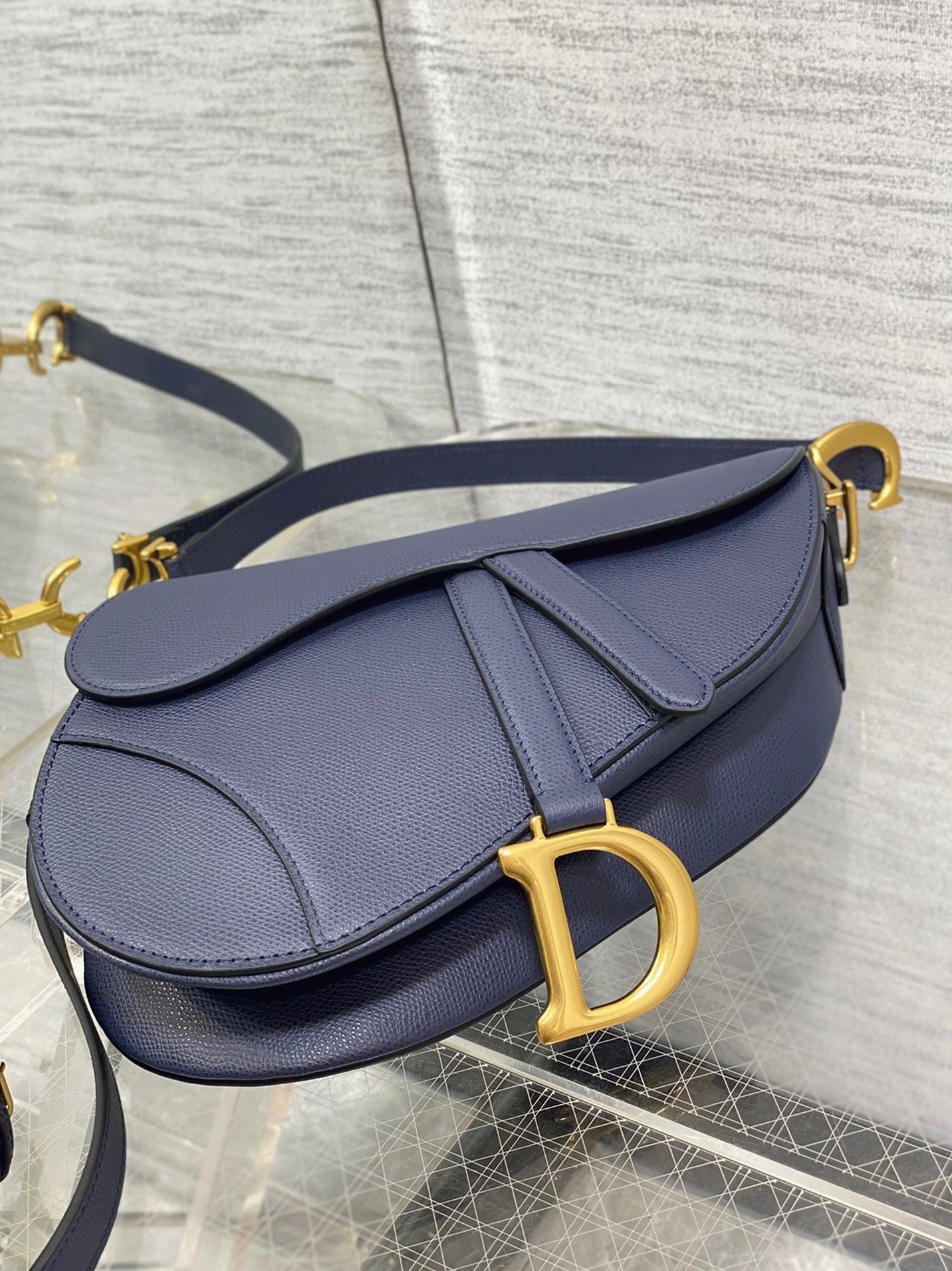 D10r Saddle Bag with Strap Replica in Indigo Blue Grained Calfskin