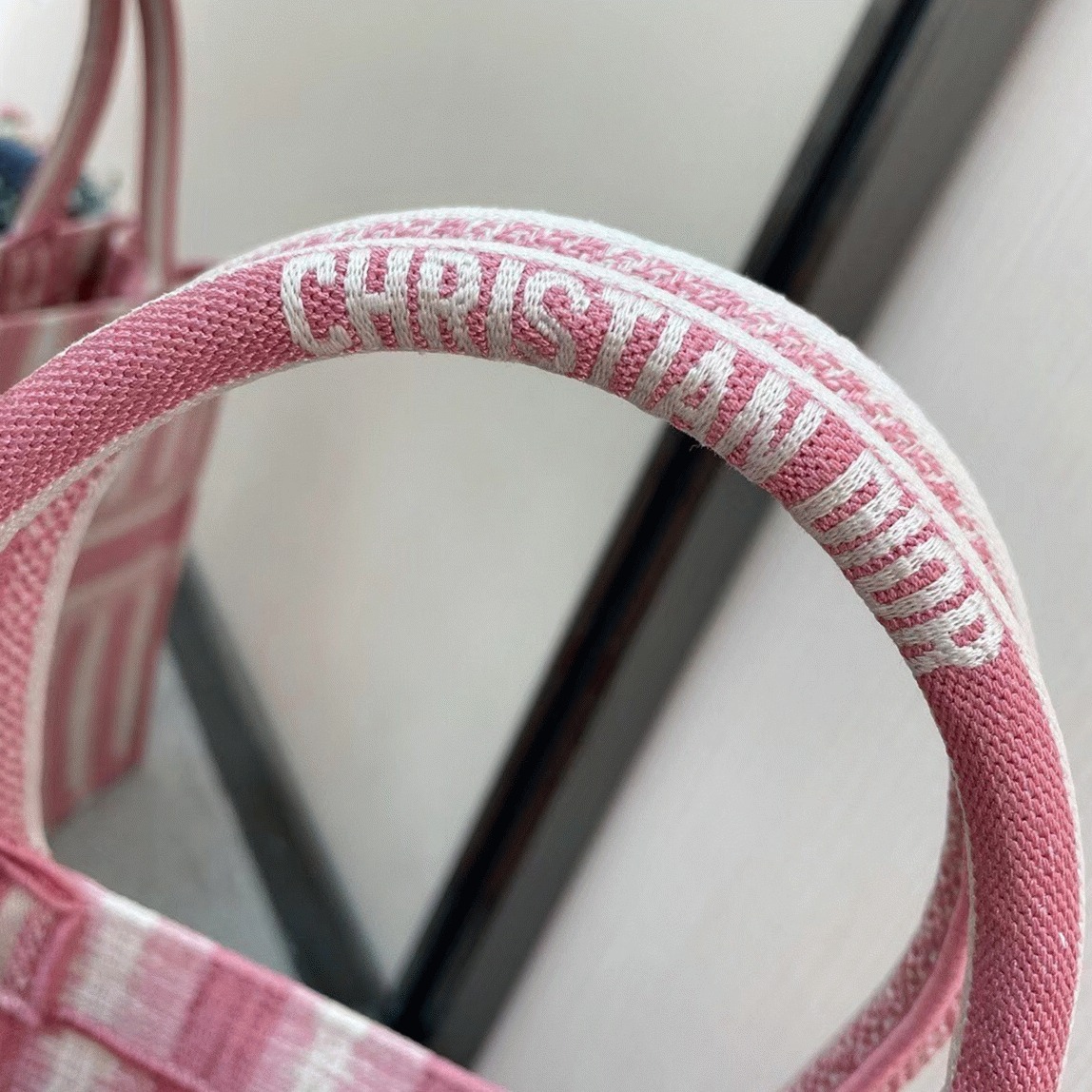 D10r Large Book Tote Bag Replica in Pink Stripes Embroidery