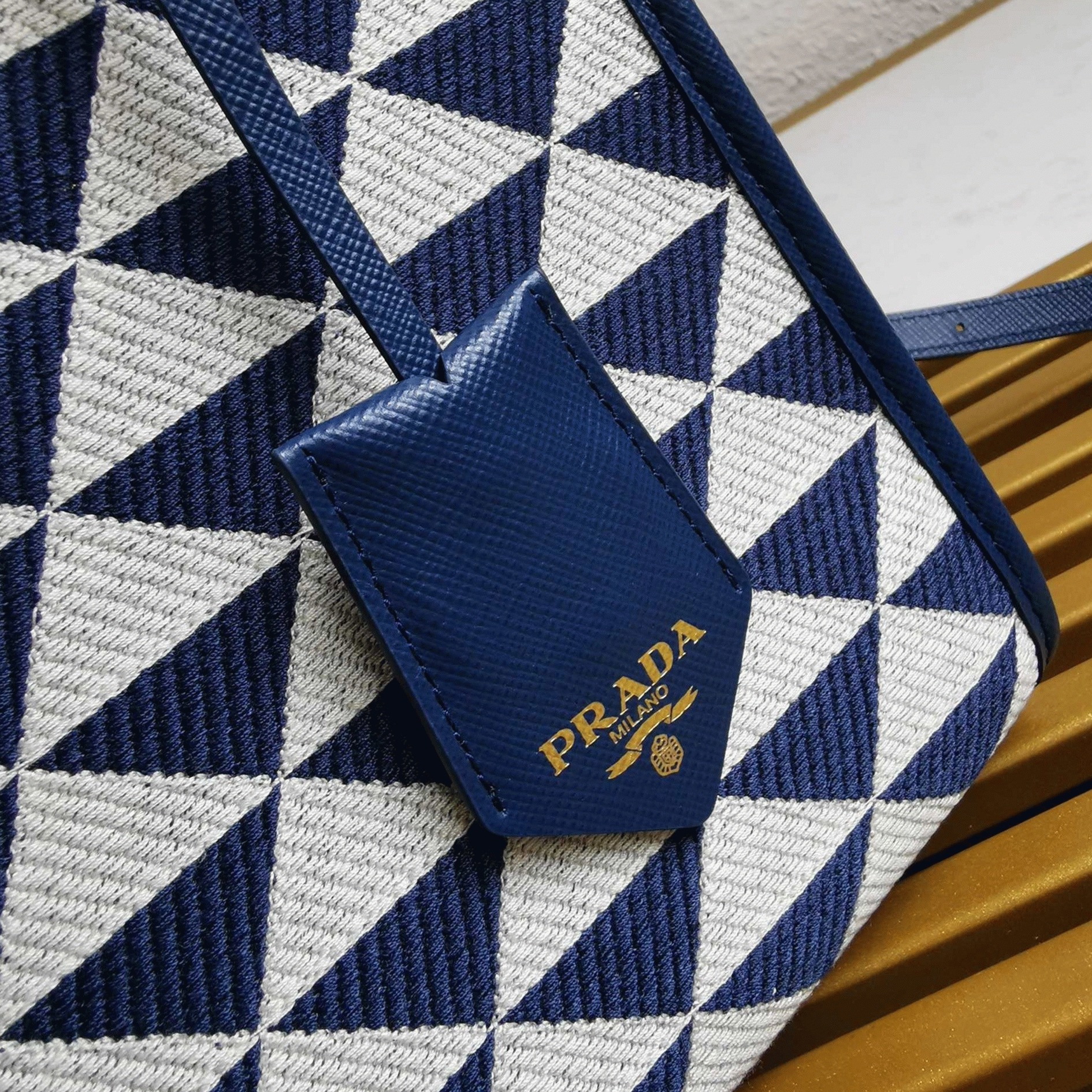 Pra*a Symbole Small Bag Knockoff in White/Blue Jacquard Fabric