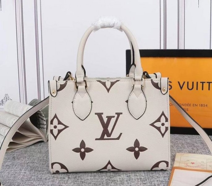 L0vis Vvtt0n Bicolor Monogram Empreinte Leather Onthego PM Bag In Cream And Bois De Rose Pink