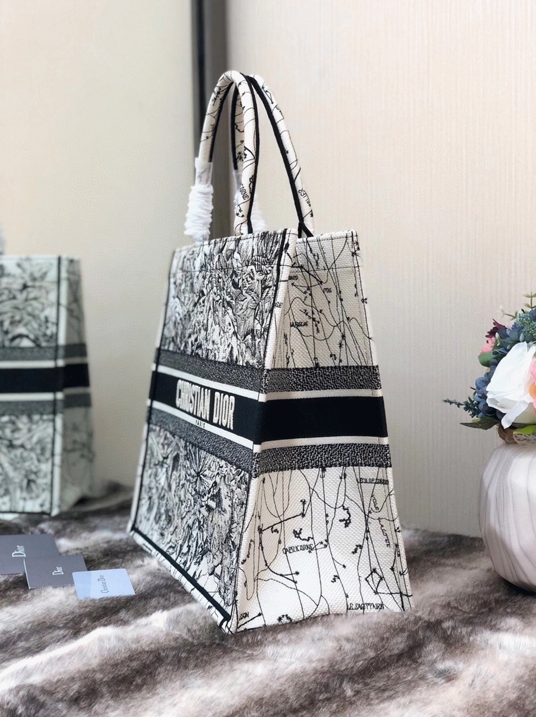 D10r Large Book Tote Bag Replica in Latte Zodiac Embroidery
