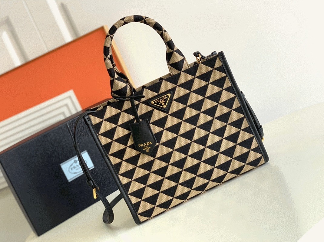 Pra*a Symbole Small Bag Replica in Black/Beige Jacquard Fabric