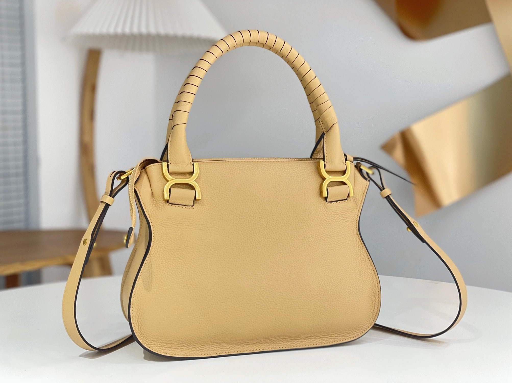 top quality fake Ch10e marcie small double carry bag in beige grained leather