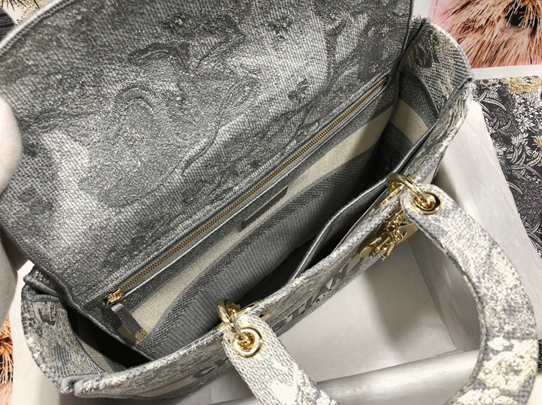 D10r Lady D-Lite Large Bag in Gray Toile de Jouy Reverse Embroidery