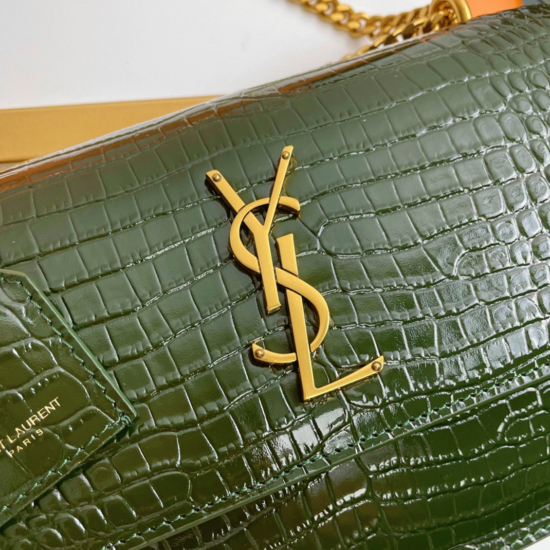 Fake Sa1nt Lau*nt Sunset Medium Chain Bag Green Crocodile-embossed Leather