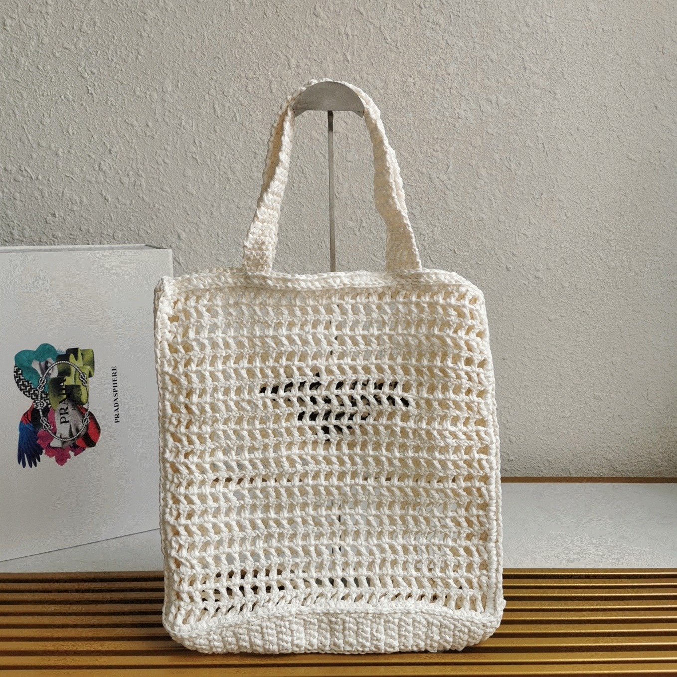 Pra*a Small Tote Bag Best Replica in White Woven Raffia