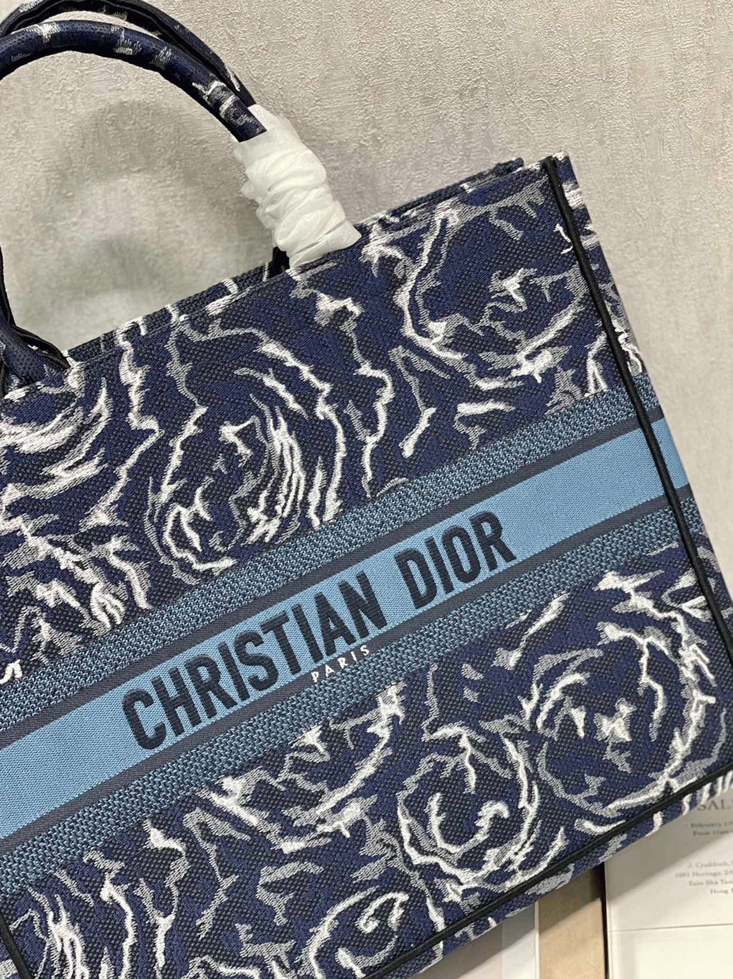 D10r Large Book Tote Bag Replica in Blue D10r Roses Embroidery