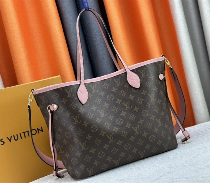 L0vis Vvtt0n Neverfull Bandouliere Inside Out MM Tote In Monogram Canvas And Peony Pink Textile And Leather